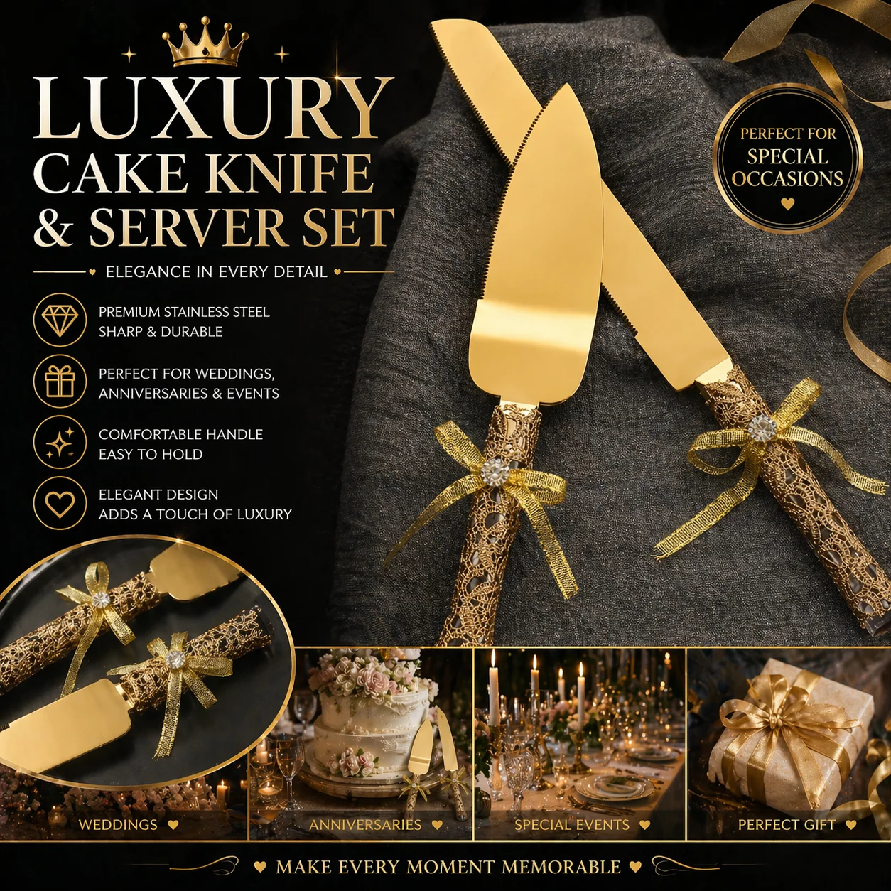 2Pcs Gold Stainless Steel Cake Knife and Server with Crystal Bow, Elegant Cake Cutter & Spatula for Bridal Shower, Anniversary,
2Pcs Gold Stainless Steel Cake Knife and Server with Crystal Bow, Elegant Cake Cutter & Spatula for Bridal Shower, Anniversary,