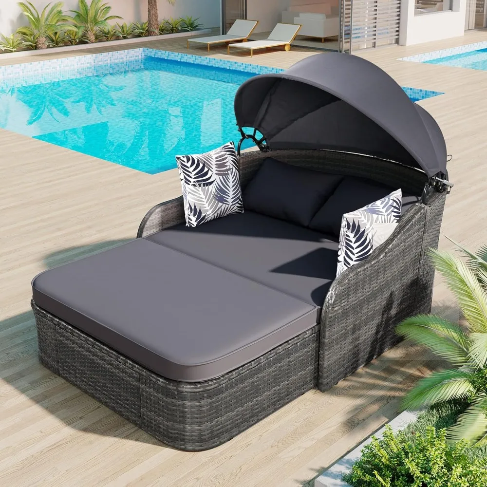 Outdoor Daybed with Retractable Canopy, Double Lounge Chair with Cushions, 2-Seater Loveseat Sunbed, PE Rattan Daybed Conversati
Outdoor Daybed with Retractable Canopy, Double Lounge Chair with Cushions, 2-Seater Loveseat Sunbed, PE Rattan Daybed Conversati