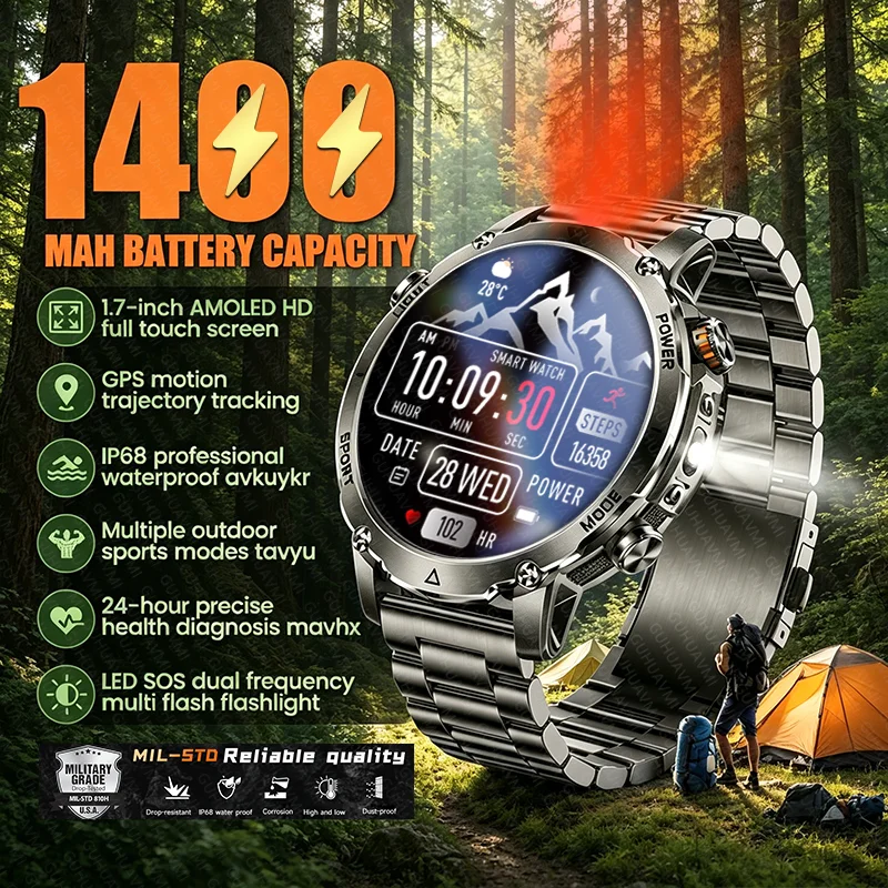 2026New Outdoor 1400mAh Super Large Battery Smart Watch AMOLED SOS Flashlight GPS Track BT Call Sports Waterproof Men Smartwatch
2026New Outdoor 1400mAh Super Large Battery Smart Watch AMOLED SOS Flashlight GPS Track BT Call Sports Waterproof Men Smartwatch