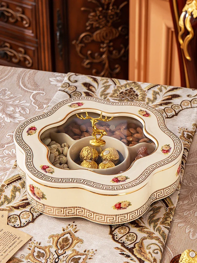European-style Rotating,Ceramic Dried Fruit Plate with Lid, Luxury, High-grade, Divided Nut, Candy Plate with Lid, Living Room
European-style Rotating,Ceramic Dried Fruit Plate with Lid, Luxury, High-grade, Divided Nut, Candy Plate with Lid, Living Room