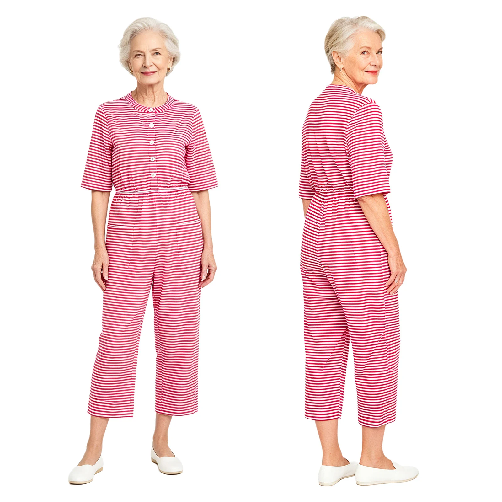 Women Elderly Anti-strip Adaptive Jumpsuit Half Sleeve Elastic Waist Striped Rompers Special Need Clothes for Nursing Home
Women Elderly Anti-strip Adaptive Jumpsuit Half Sleeve Elastic Waist Striped Rompers Special Need Clothes for Nursing Home
