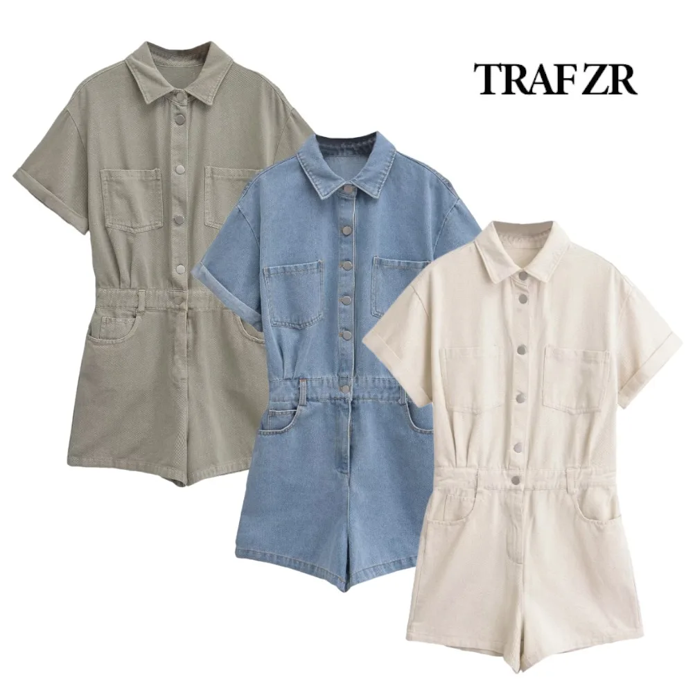 TRAF ZR High Street Women's Rompers Lapel Collar Shourt Rolled-up Sleeve Denim Playsuit Back Elastic Waistband Denim Jumpsuit
TRAF ZR High Street Women's Rompers Lapel Collar Shourt Rolled-up Sleeve Denim Playsuit Back Elastic Waistband Denim Jumpsuit