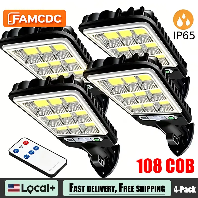 FAMCDC 4 Pack Solar Street Lights 108 COB LED Outdoor Wall Lights with Remote Control and Motion Sensor Adjustable 3 Modes Suita
FAMCDC 4 Pack Solar Street Lights 108 COB LED Outdoor Wall Lights with Remote Control and Motion Sensor Adjustable 3 Modes Suita