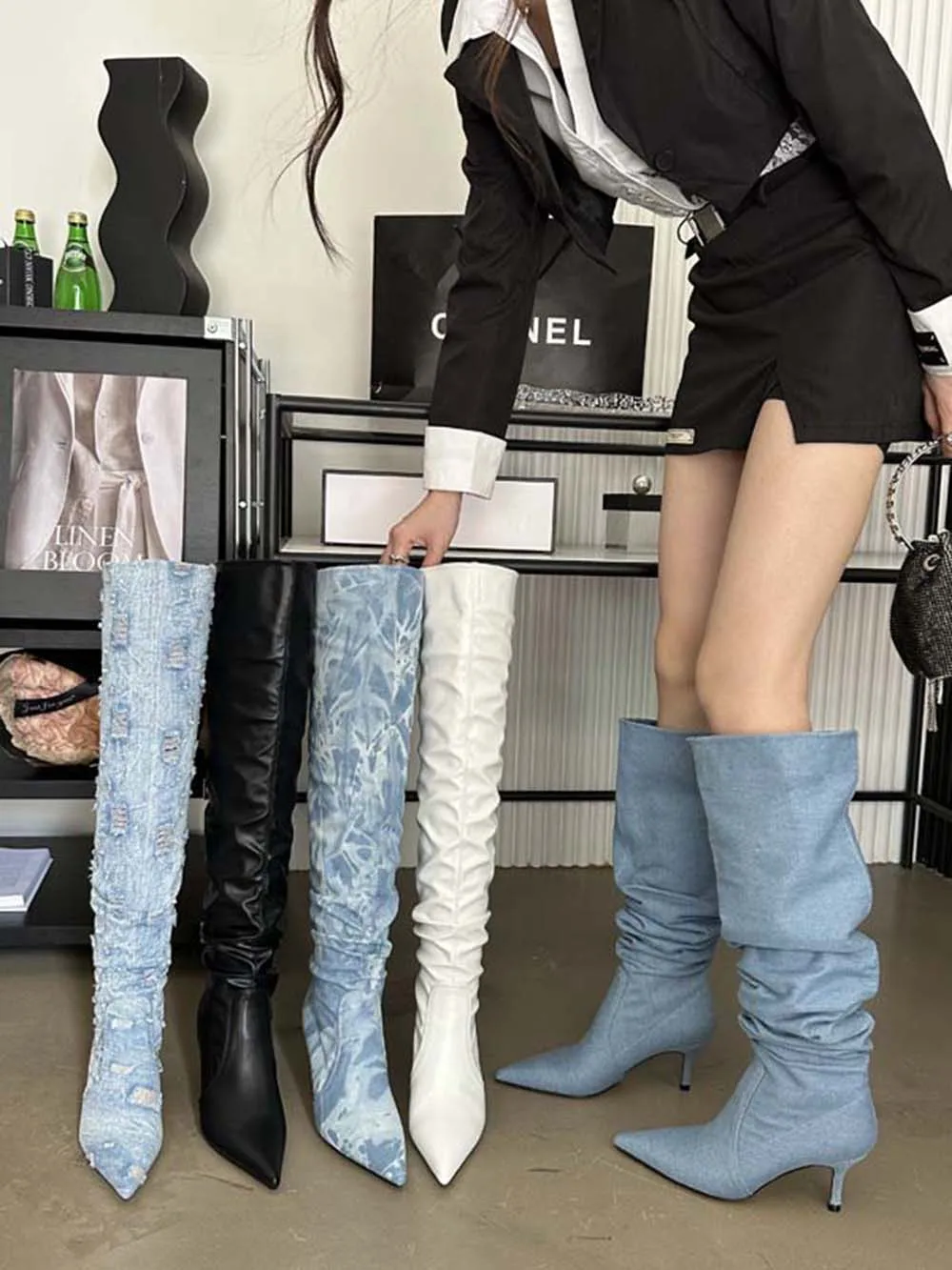 Sexy Women Over The Knee Boots Chelsea Booties Pointed Toe Blue Black White Denim Cloth Winter Dress Shoes Slip On Autumn Boots
Sexy Women Over The Knee Boots Chelsea Booties Pointed Toe Blue Black White Denim Cloth Winter Dress Shoes Slip On Autumn Boots