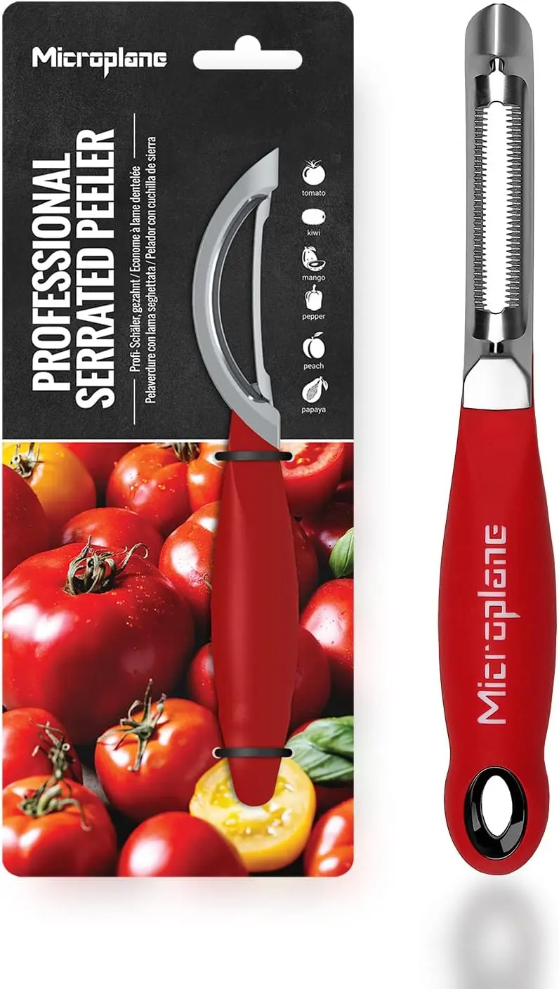 Serrated Swivel Peeler for Tomatoes and Kiwis, Soft Skin Fruit Peeler with Ergonomic Handle and Built-in Scoop, Right and Left
Serrated Swivel Peeler for Tomatoes and Kiwis, Soft Skin Fruit Peeler with Ergonomic Handle and Built-in Scoop, Right and Left