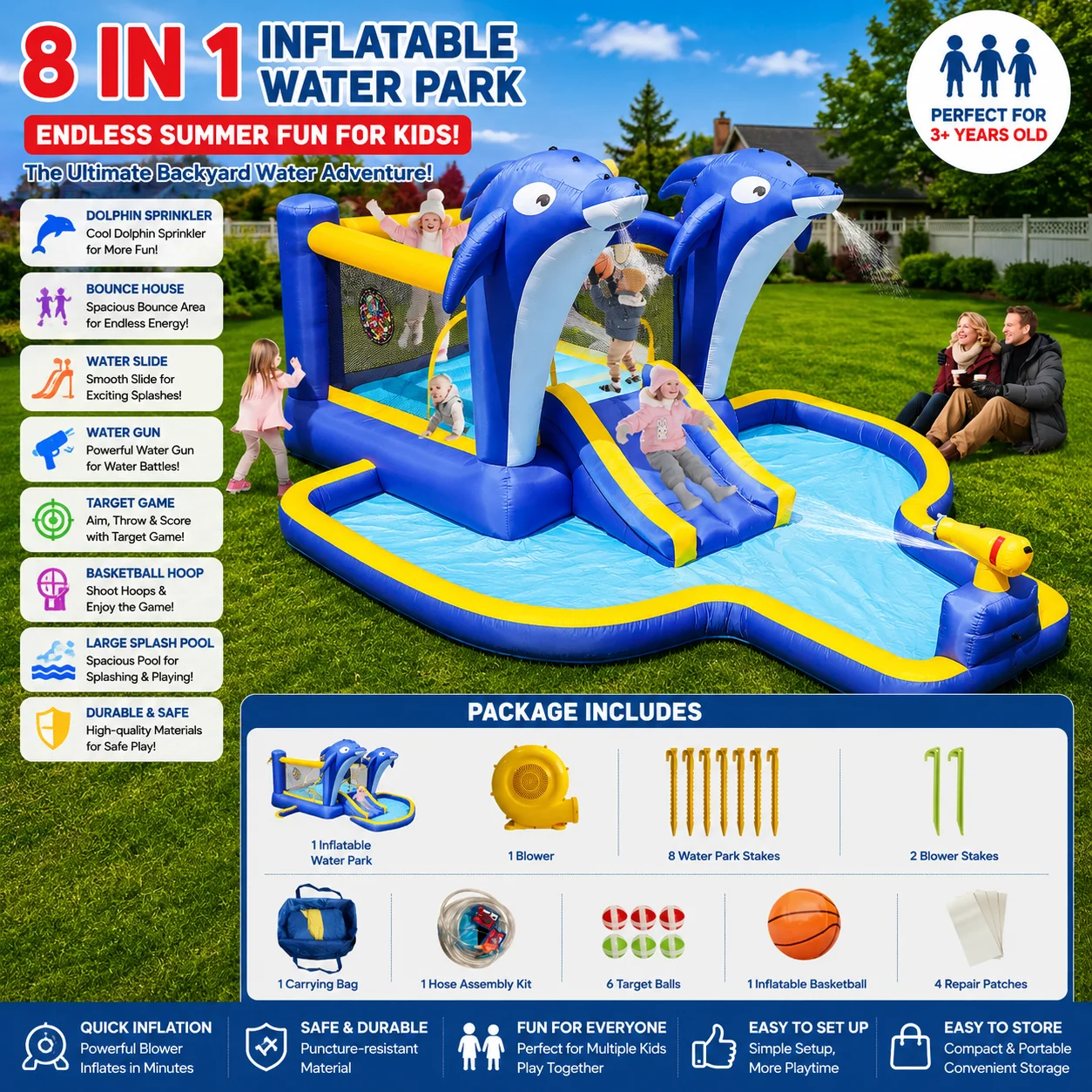 8 in1 Inflatable Slide Water Park Trampoline Bouncing House Outdoor Garden with Dolphin Sprinkler & Target Games & Water Gun & Basketball
8 in1 Inflatable Slide Water Park Trampoline Bouncing House Outdoor Garden with Dolphin Sprinkler & Target Games & Water Gun & Basketball
