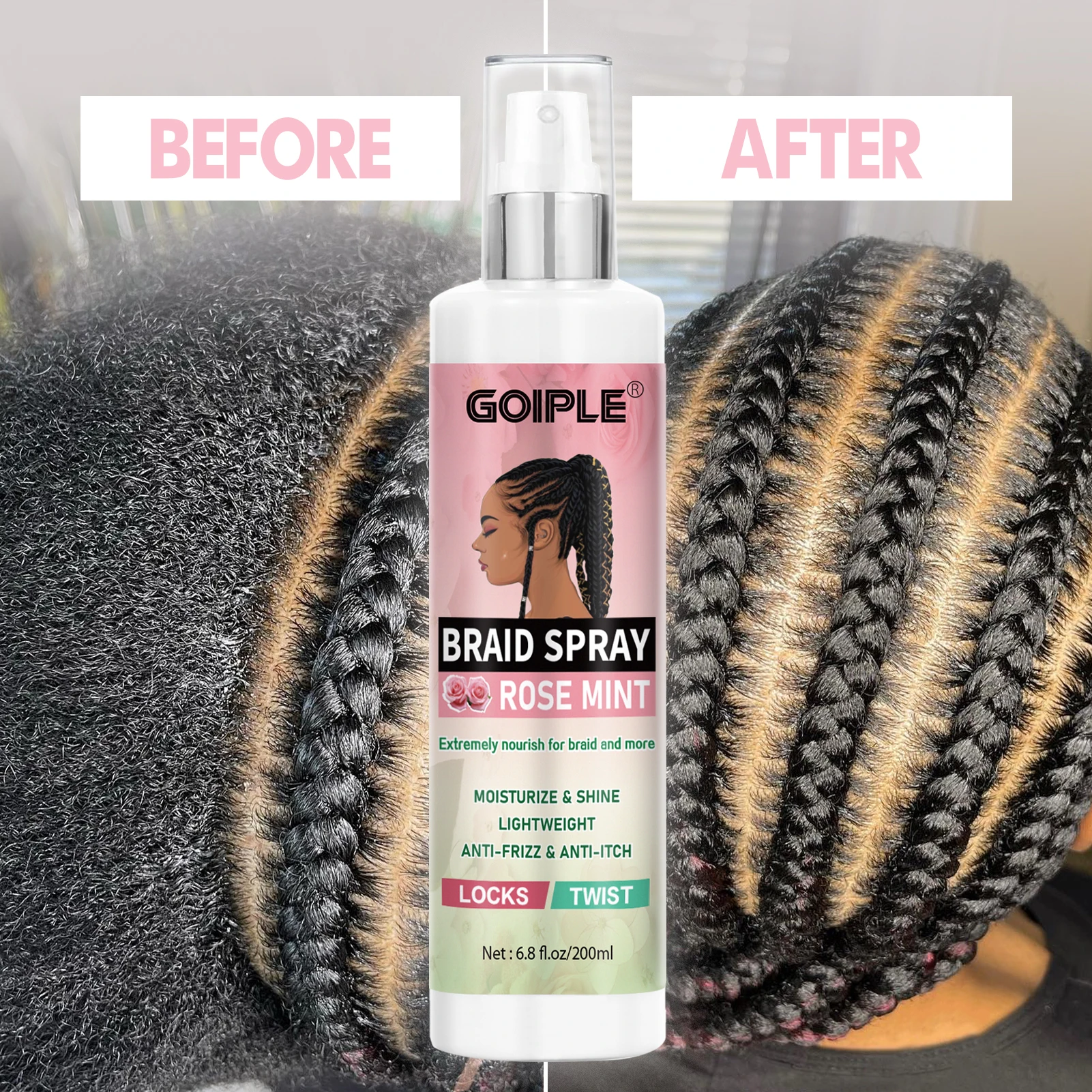 Goiple Braid Spray 6.8fl.oz for Locks Twist Moisturizing Conditioner Tames Frizz Rose Water Spray Dreadlocks Soothing Hair Scalp
Goiple Braid Spray 6.8fl.oz for Locks Twist Moisturizing Conditioner Tames Frizz Rose Water Spray Dreadlocks Soothing Hair Scalp
