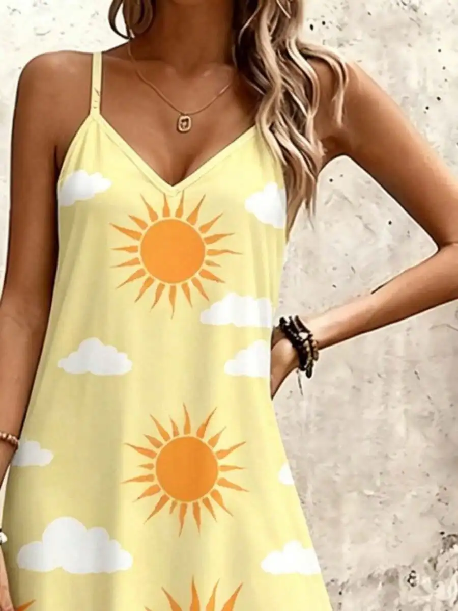 Sun And Cloud Print Women Spaghetti Strap Slip Dress Polyester Lightweight Breathable Casual Summer Dress
Sun And Cloud Print Women Spaghetti Strap Slip Dress Polyester Lightweight Breathable Casual Summer Dress