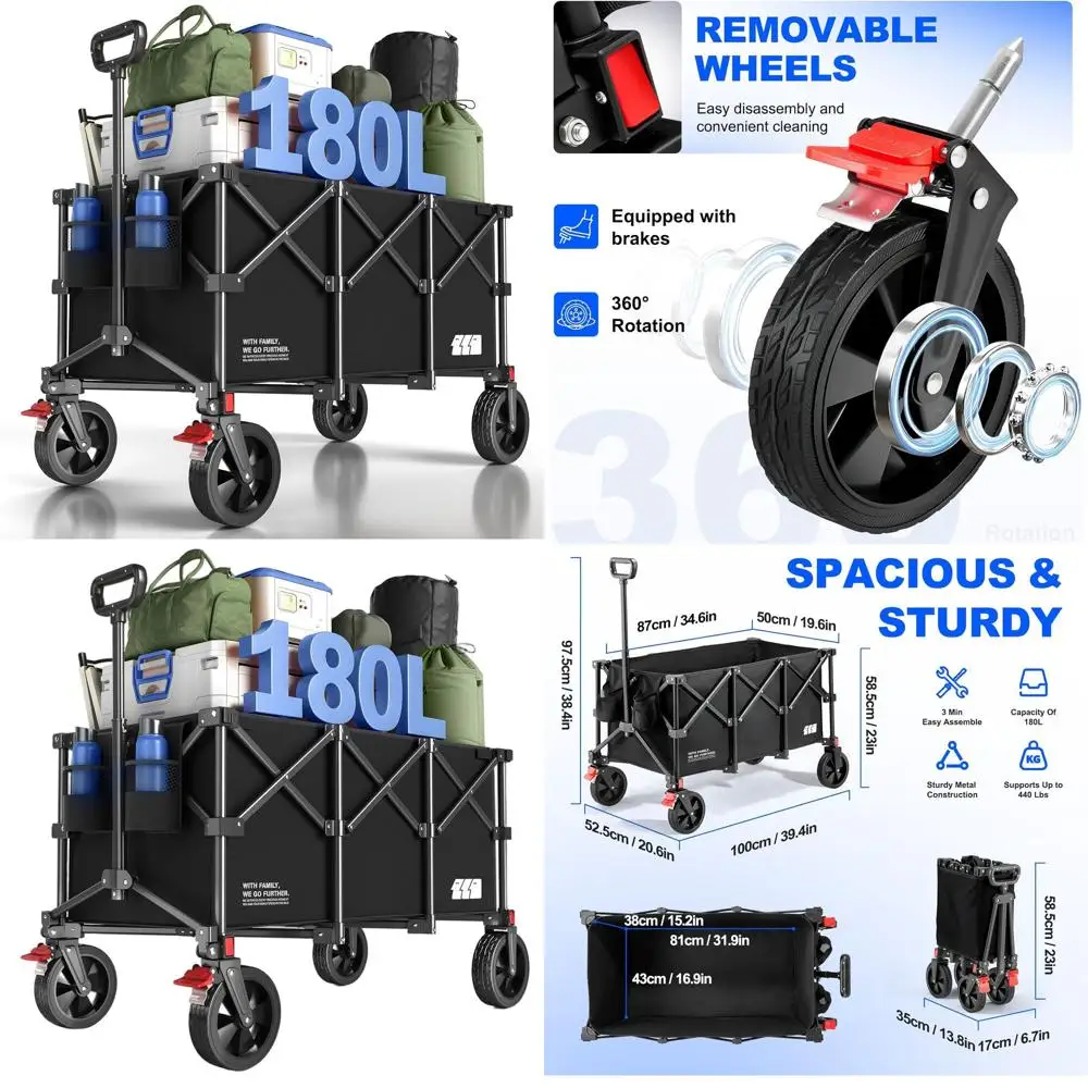 Large 180L Collapsible Utility Wagon with 440lbs Capacity for Camping, Gardening, Sports, and Shopping
Large 180L Collapsible Utility Wagon with 440lbs Capacity for Camping, Gardening, Sports, and Shopping