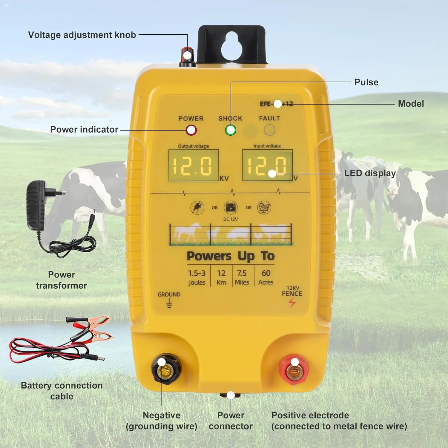 Зарядное устройство для электрического забора 7,5 миль/12 км для домашнего скота, дня или ночи, предотвращающее вторжение хищника для домашнего скота, птицы
Зарядное устройство для электрического забора 7,5 миль/12 км для домашнего скота, дня или ночи, предотвращающее вторжение хищника для домашнего скота, птицы
