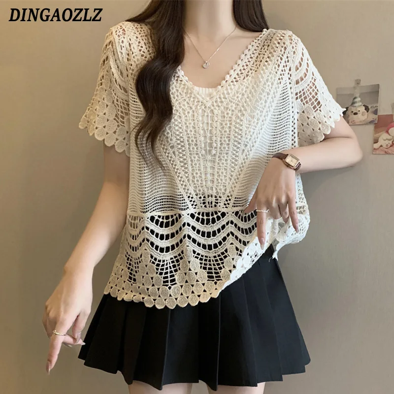 French Hook Flower Hollow Out Tops Women V-neck Short Sleeve Knitted Blouse Korean Summer Embroidery Sun Protection Shirt
French Hook Flower Hollow Out Tops Women V-neck Short Sleeve Knitted Blouse Korean Summer Embroidery Sun Protection Shirt