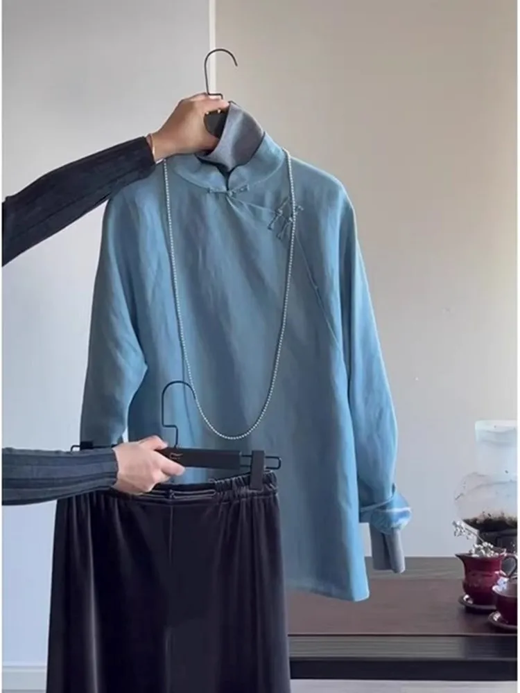 Blue New Chinese Style Shirt Women's Stand Collar Side Button Design Zen Meaning Spring New Style Retro Wind Small Audience
Blue New Chinese Style Shirt Women's Stand Collar Side Button Design Zen Meaning Spring New Style Retro Wind Small Audience