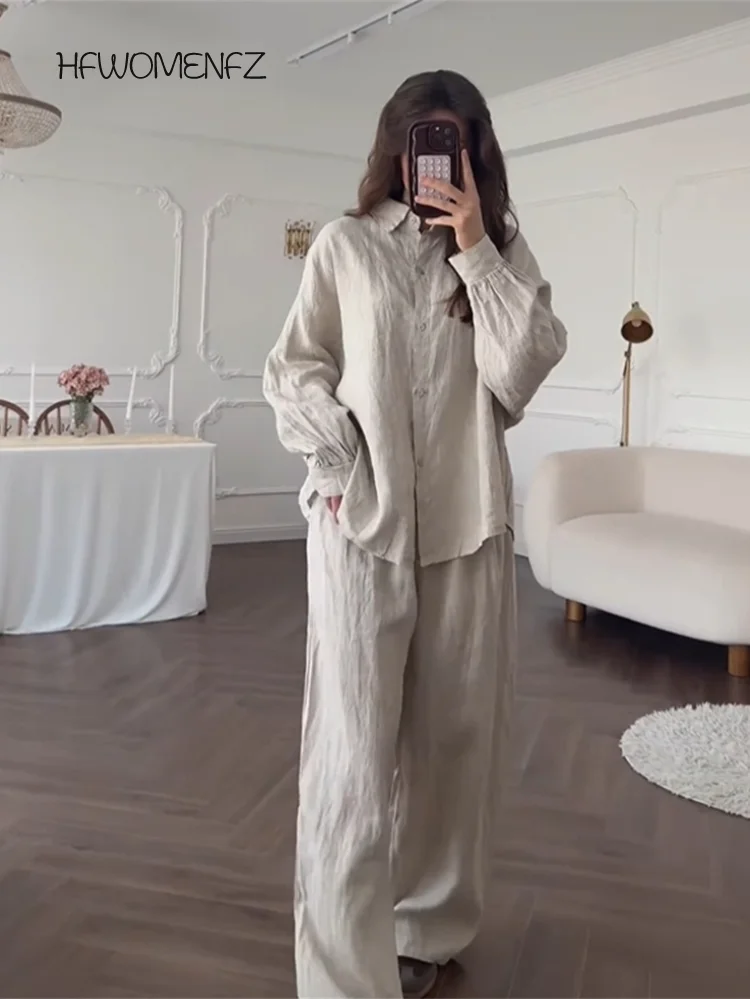 Casual Solid Shirt Pants Set Women Button Lapel Lace Up Shirts Long Wide Leg Trousers Sets Female 2025 Summer Autumn Lady Suits
Casual Solid Shirt Pants Set Women Button Lapel Lace Up Shirts Long Wide Leg Trousers Sets Female 2025 Summer Autumn Lady Suits