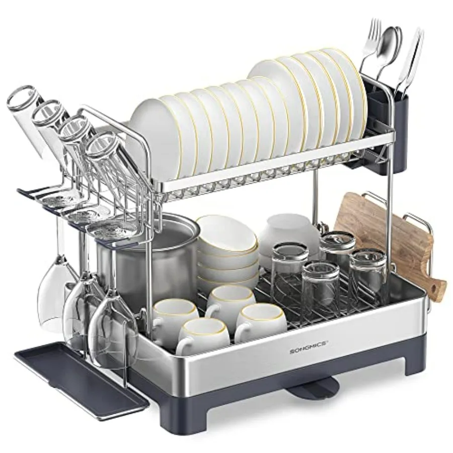 2 Tier Dish Drying Rack for Kitchen Counter with Rotatable and Extendable Drain Spout Silver and Gray Dish Drainer with Utensil
2 Tier Dish Drying Rack for Kitchen Counter with Rotatable and Extendable Drain Spout Silver and Gray Dish Drainer with Utensil