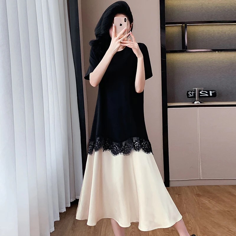 Lace Trim Color Block Loose Fit Summer Dress Elegant Slimming Large Size T-Shirt Long Dress Sweet Ethnic Style
Lace Trim Color Block Loose Fit Summer Dress Elegant Slimming Large Size T-Shirt Long Dress Sweet Ethnic Style