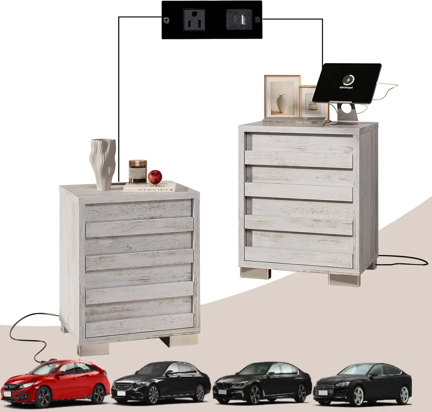 Nightstand Set of 2 with Charging Station, Farmhouse Side Table with Slated Handles, End Bedside Table with Stainless Steel Feet
Nightstand Set of 2 with Charging Station, Farmhouse Side Table with Slated Handles, End Bedside Table with Stainless Steel Feet
