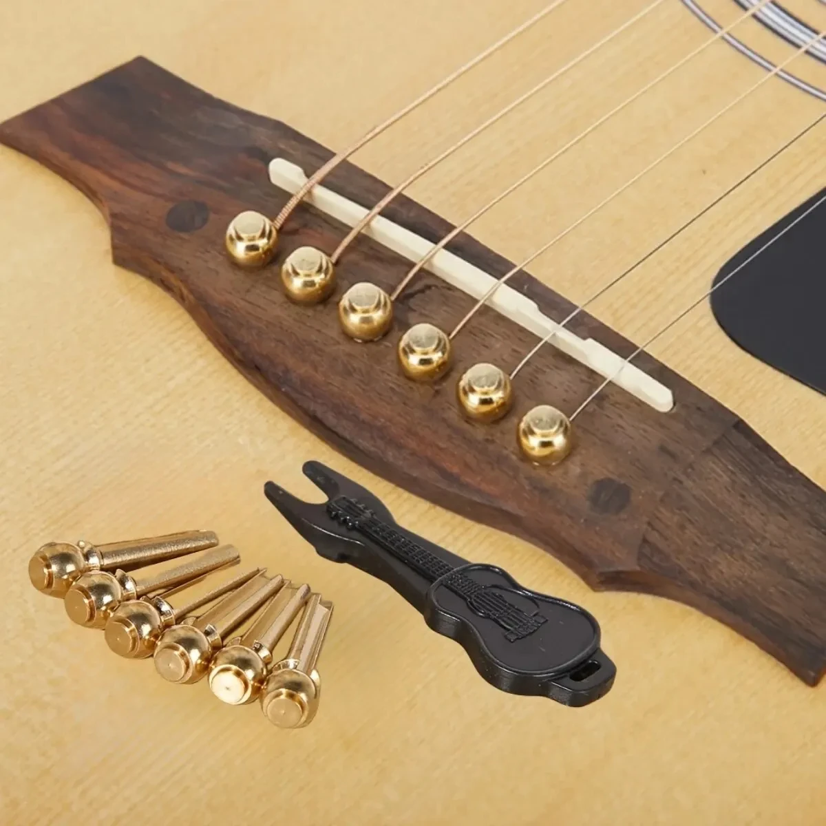 Brass Guitar Bridge Pin, 6-piece Set, Guitar Bridge String with Guitar Bridge Pin Puller, Guitar Component Replacement Nail