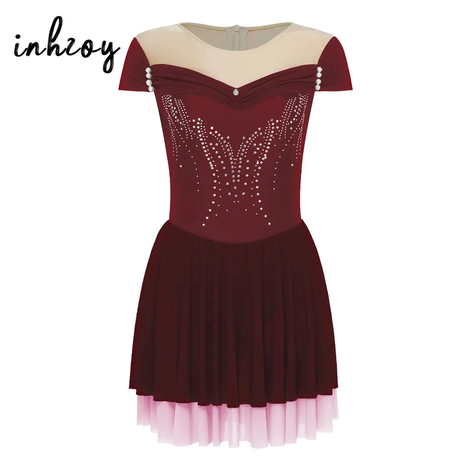 Womens Figure Skating Dress Rhinestones Cap Sleeve Tiered Color Blocking Mesh Hem Leotard Dress for Rhythmic Gymnastics Costume
Womens Figure Skating Dress Rhinestones Cap Sleeve Tiered Color Blocking Mesh Hem Leotard Dress for Rhythmic Gymnastics Costume