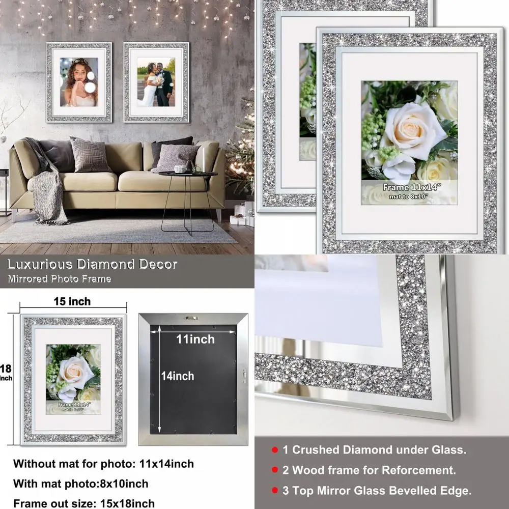 Рамки для свадебных зеркал с блестящими бриллиантами, настенное искусство из хрустального серебряного стекла для фотографий 11x14, вмещает 8x10 с ковриком, набор из 2 элегантных материалов
Рамки для свадебных зеркал с блестящими бриллиантами, настенное искусство из хрустального серебряного стекла для фотографий 11x14, вмещает 8x10 с ковриком, набор из 2 элегантных материалов