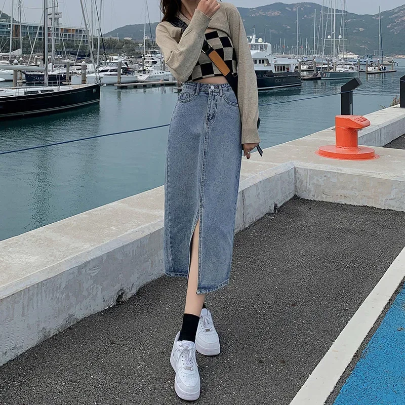 Vintage High Waist Women Denim Midi Skirt Summer Korean Thin Section Slit A Line Skirts Fashion Casual All Match Denim Skirts
Vintage High Waist Women Denim Midi Skirt Summer Korean Thin Section Slit A Line Skirts Fashion Casual All Match Denim Skirts