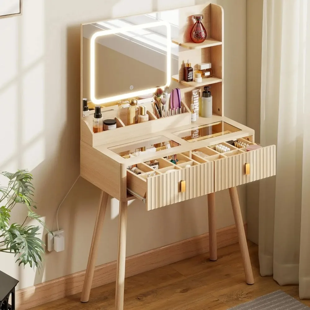 31.5" Fluted Vanity Desk with Mirror LED Lights, Makeup Desk with 2 Drawers, Dressing Table with Transparent Glass, Customized
31.5" Fluted Vanity Desk with Mirror LED Lights, Makeup Desk with 2 Drawers, Dressing Table with Transparent Glass, Customized