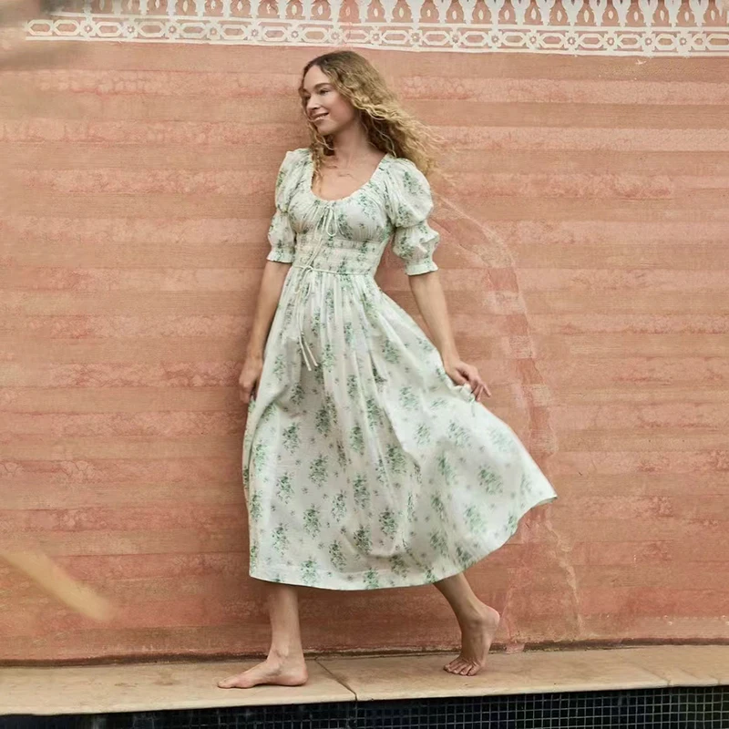 Retro Pure Cotton High Waist Bubble Sleeve Midi Dress Green Floral Print Spring Summer New Arrival Women's Long Dress
Retro Pure Cotton High Waist Bubble Sleeve Midi Dress Green Floral Print Spring Summer New Arrival Women's Long Dress