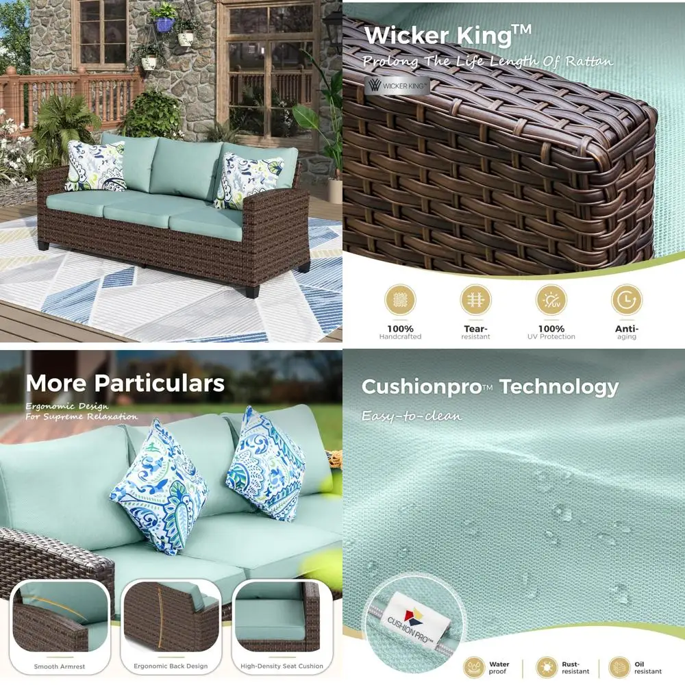 Brown Wicker 3-Seater Patio Sofa with Deep Seating and Blue Cushions for Outdoor Use
Brown Wicker 3-Seater Patio Sofa with Deep Seating and Blue Cushions for Outdoor Use
