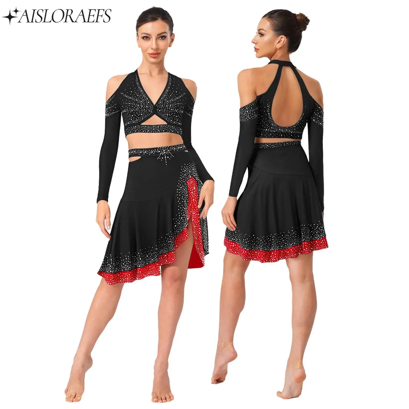 2025 Womens Latin Dance Outfits Jazz Cha-cha Tango Costume Halter Long Sleeve Crop Top+Skirt Dancewear Set for Stage Shows Party
2025 Womens Latin Dance Outfits Jazz Cha-cha Tango Costume Halter Long Sleeve Crop Top+Skirt Dancewear Set for Stage Shows Party