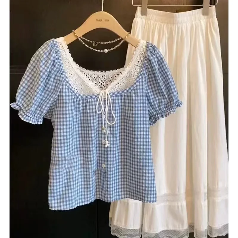 Летняя клетчатая блузка из двух предметов, женская уличная одежда, кружевные лоскутные топы с короткими рукавами, рубашки Blusas Mujer 
Летняя клетчатая блузка из двух предметов, женская уличная одежда, кружевные лоскутные топы с короткими рукавами, рубашки Blusas Mujer