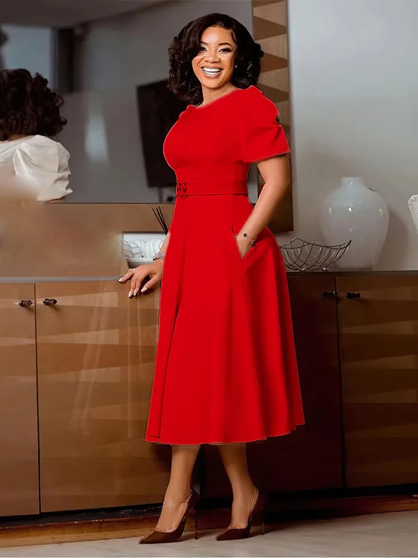 Women's Elegant Round Neck Dress Waist A-line Flared Hem Puff Sleeve Midi Dresses
Women's Elegant Round Neck Dress Waist A-line Flared Hem Puff Sleeve Midi Dresses