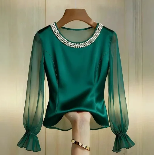 Women's Chiffon Shirt Summer New Gorgeous Style Pearl Decoration Collar Solid Silk See Through Mesh Long Sleeved Chiffon Shirt
Women's Chiffon Shirt Summer New Gorgeous Style Pearl Decoration Collar Solid Silk See Through Mesh Long Sleeved Chiffon Shirt