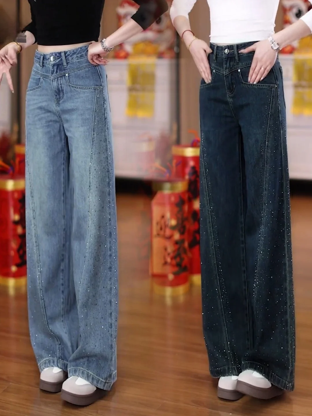 Retro Slimming High Waist Wide Leg Jeans Women's Summer New Style Denim Drill Embellished Straight Cut Trousers Casual
Retro Slimming High Waist Wide Leg Jeans Women's Summer New Style Denim Drill Embellished Straight Cut Trousers Casual