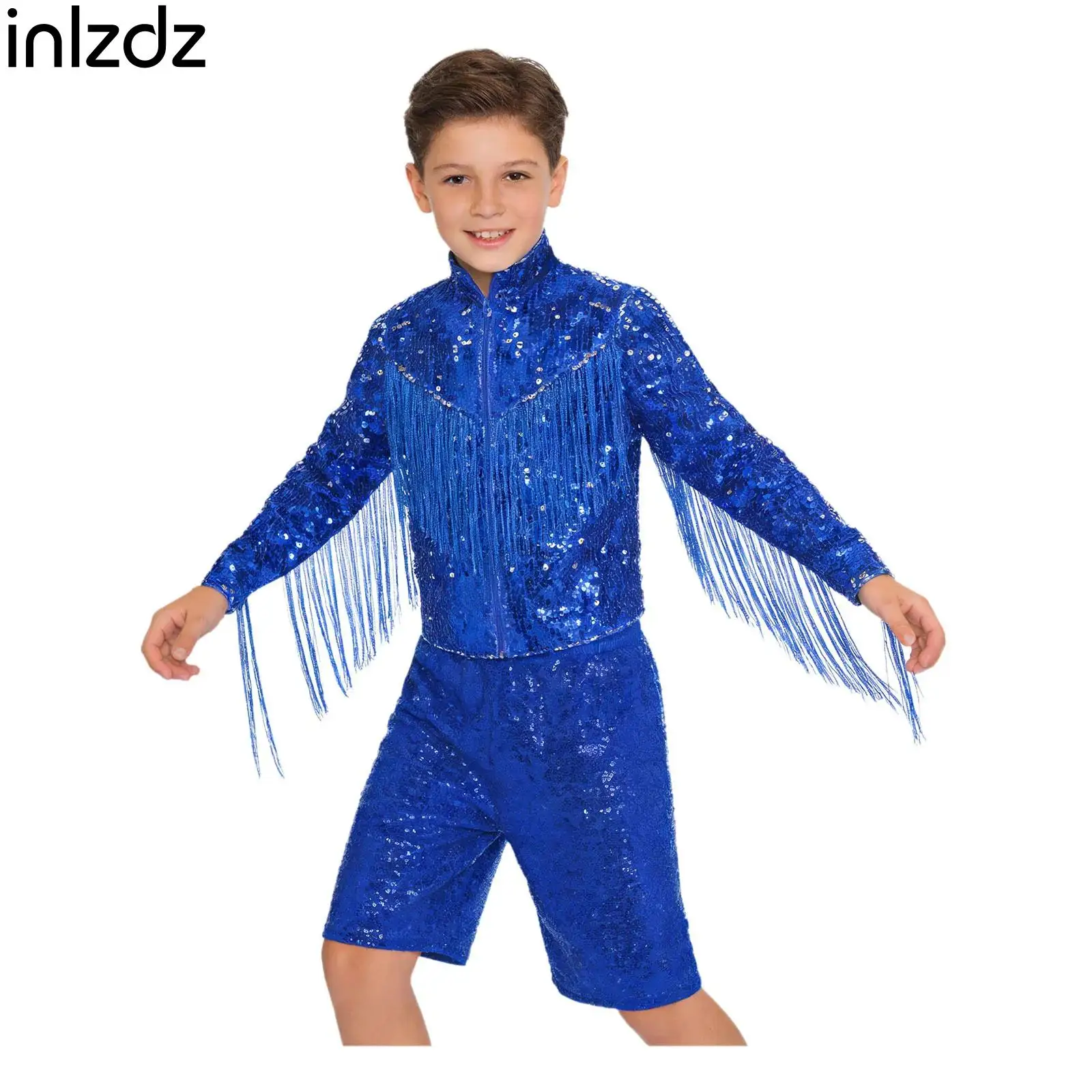 Boys Stage Jazz Disco Party Wear Set Glittery Sequin Long Sleeve Front Zip Tassel Jacket And Shorts with Pockets for Jazz Dance
Boys Stage Jazz Disco Party Wear Set Glittery Sequin Long Sleeve Front Zip Tassel Jacket And Shorts with Pockets for Jazz Dance