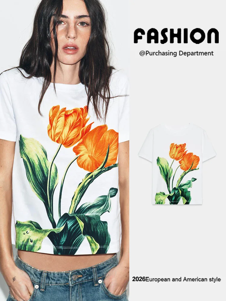 New Summer Women's T-shirt Short Sleeve round Neck Straight Color Floral Print Versatile 0085076 Casual Fashion Ladies' Top
New Summer Women's T-shirt Short Sleeve round Neck Straight Color Floral Print Versatile 0085076 Casual Fashion Ladies' Top