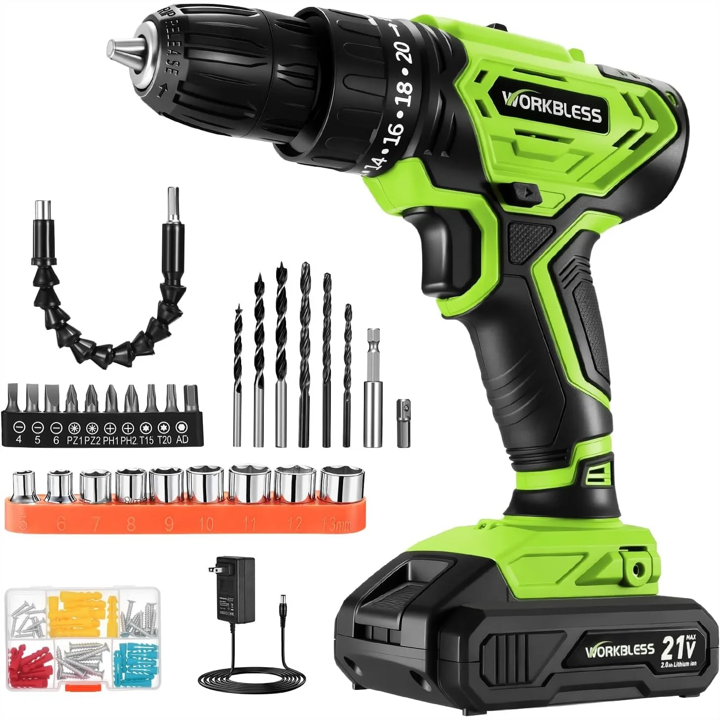 Cordless Drill Set with 1 Battery & Charger, 40Nm Torque, 2 Speed, Keyless 3/8" Chuck, 28pcs Bits, Green
Cordless Drill Set with 1 Battery & Charger, 40Nm Torque, 2 Speed, Keyless 3/8" Chuck, 28pcs Bits, Green