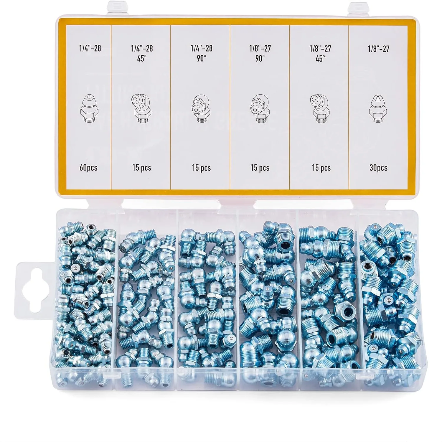 Grease Fittings Kit, 150pc SAE Hydraulic Zerk Assortment with Straight 45 90 Degree Angled Fittings, Galvanized Steel Grease
Grease Fittings Kit, 150pc SAE Hydraulic Zerk Assortment with Straight 45 90 Degree Angled Fittings, Galvanized Steel Grease