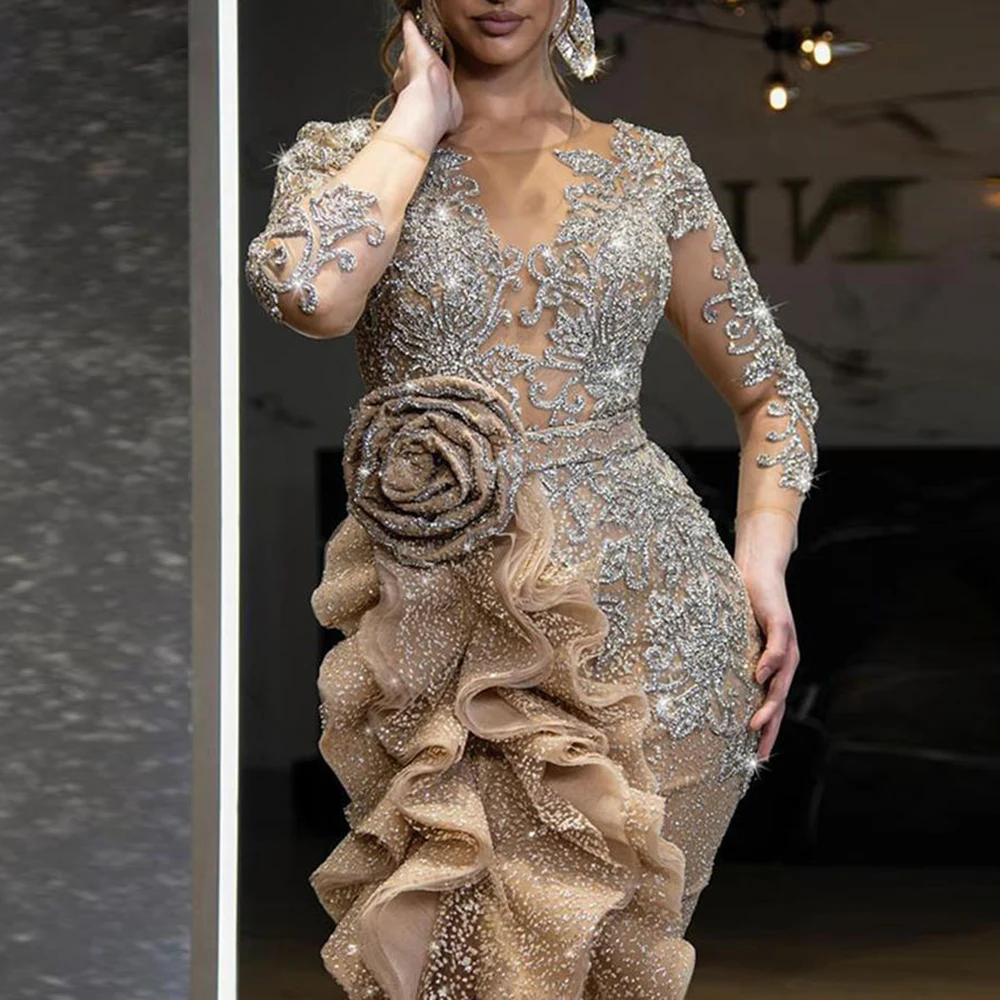 Women Elegant Luxurious Gold Sequins Evening Dress Sheer Sleeve Round Neck Ruffle Irregular Sexy High Split Wedding Maxi Dresses
Women Elegant Luxurious Gold Sequins Evening Dress Sheer Sleeve Round Neck Ruffle Irregular Sexy High Split Wedding Maxi Dresses