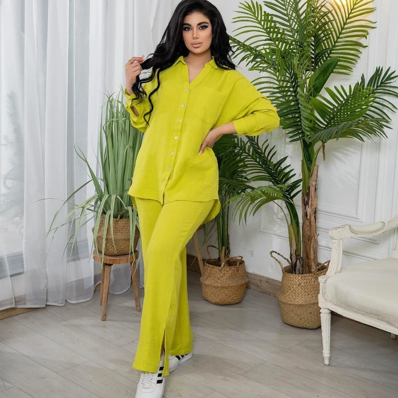 Solid Loose Casual Two Piece Set Women Autumn Home Suits Long Sleeve Single Breasted Shirts Top Split Wide Leg Pants Streetwear
Solid Loose Casual Two Piece Set Women Autumn Home Suits Long Sleeve Single Breasted Shirts Top Split Wide Leg Pants Streetwear