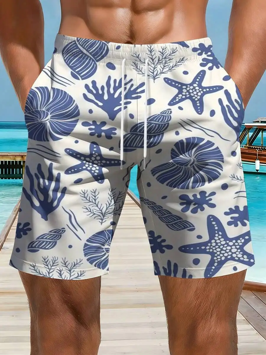 Mens Beach Shorts With Blue Starfish Seashell Coral Pattern White Background Casual Vacation Swimwear
Mens Beach Shorts With Blue Starfish Seashell Coral Pattern White Background Casual Vacation Swimwear