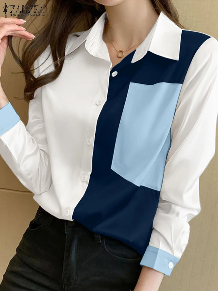 ZANZEA Office Lady Shirts Fashion Color block Long Sleeve Tops Women Lapel Collar Pocket Tunics Casual Loose Korean Blouse Femme
ZANZEA Office Lady Shirts Fashion Color block Long Sleeve Tops Women Lapel Collar Pocket Tunics Casual Loose Korean Blouse Femme
