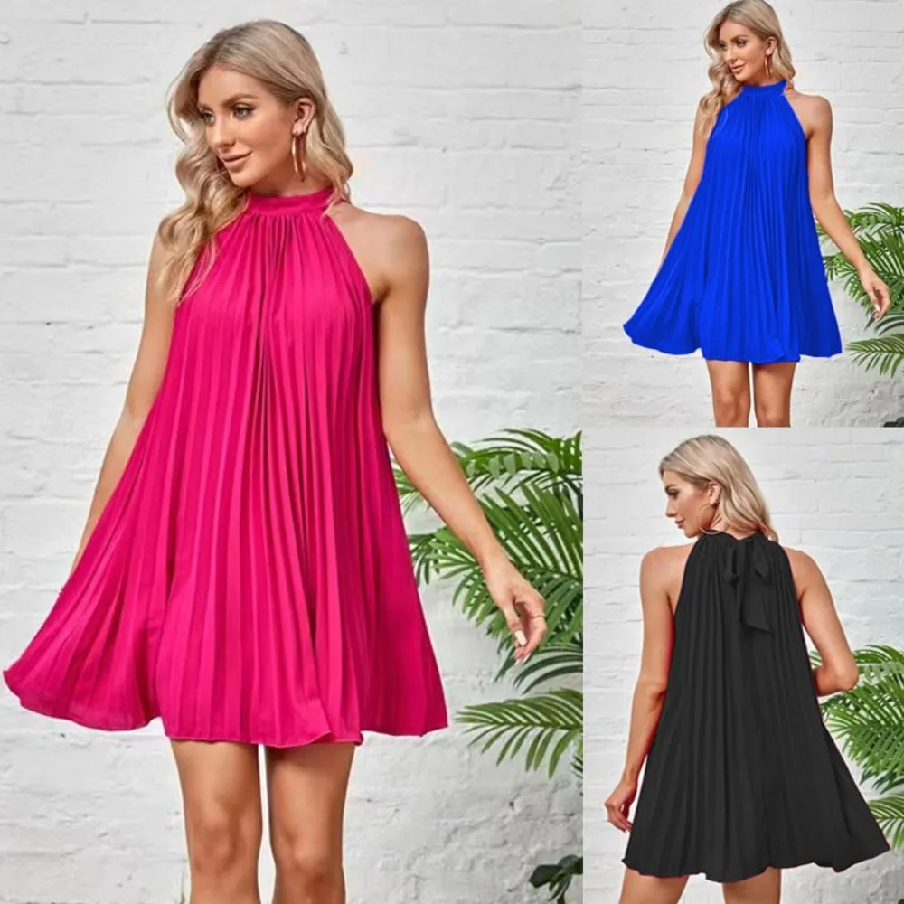 Summer Dress Fashion Halter Off Shoulder Sleeveless Solid Color Dress Vintage Pleated Loose Swing Holiday Women Mini Dress
Summer Dress Fashion Halter Off Shoulder Sleeveless Solid Color Dress Vintage Pleated Loose Swing Holiday Women Mini Dress