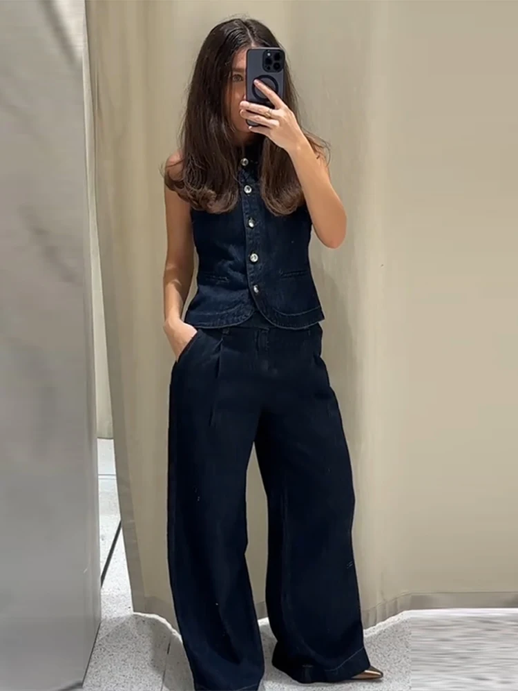 Модный джинсовый комплект из двух предметов в стиле ретро, женский весенне-летний новый однобортный тонкий жилет, широкие брюки, джинсы, уличная одежда
Модный джинсовый комплект из двух предметов в стиле ретро, женский весенне-летний новый однобортный тонкий жилет, широкие брюки, джинсы, уличная одежда