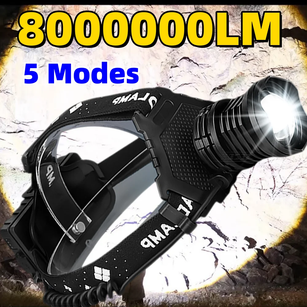 8000000LM Супер яркий светодиодный налобный фонарь дальнего действия, 5 режимов, водонепроницаемая фара для наружного кемпинга, рыбалки, аварийного исследования
8000000LM Супер яркий светодиодный налобный фонарь дальнего действия, 5 режимов, водонепроницаемая фара для наружного кемпинга, рыбалки, аварийного исследования