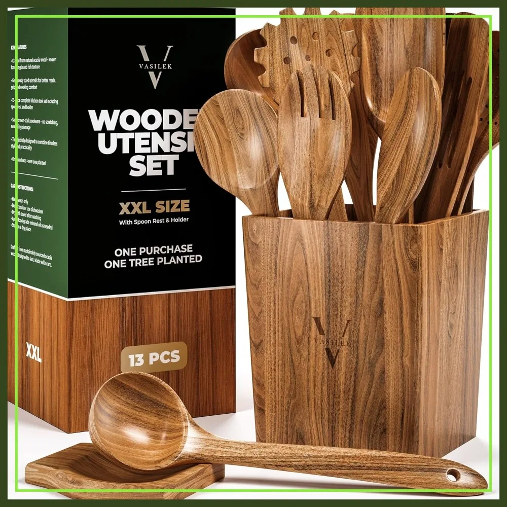 13-Piece Acacia Wood Utensil Set with Square Holder & Spoon Rest for Nonstick Cookware
13-Piece Acacia Wood Utensil Set with Square Holder & Spoon Rest for Nonstick Cookware