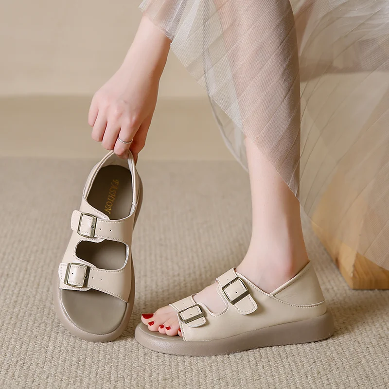 2023 Women Genuine Leather Sandals Round Toe Flat Platform Slippers Ladies Summer Slides Fashion Buckle Beach Shoes Beige
2023 Women Genuine Leather Sandals Round Toe Flat Platform Slippers Ladies Summer Slides Fashion Buckle Beach Shoes Beige