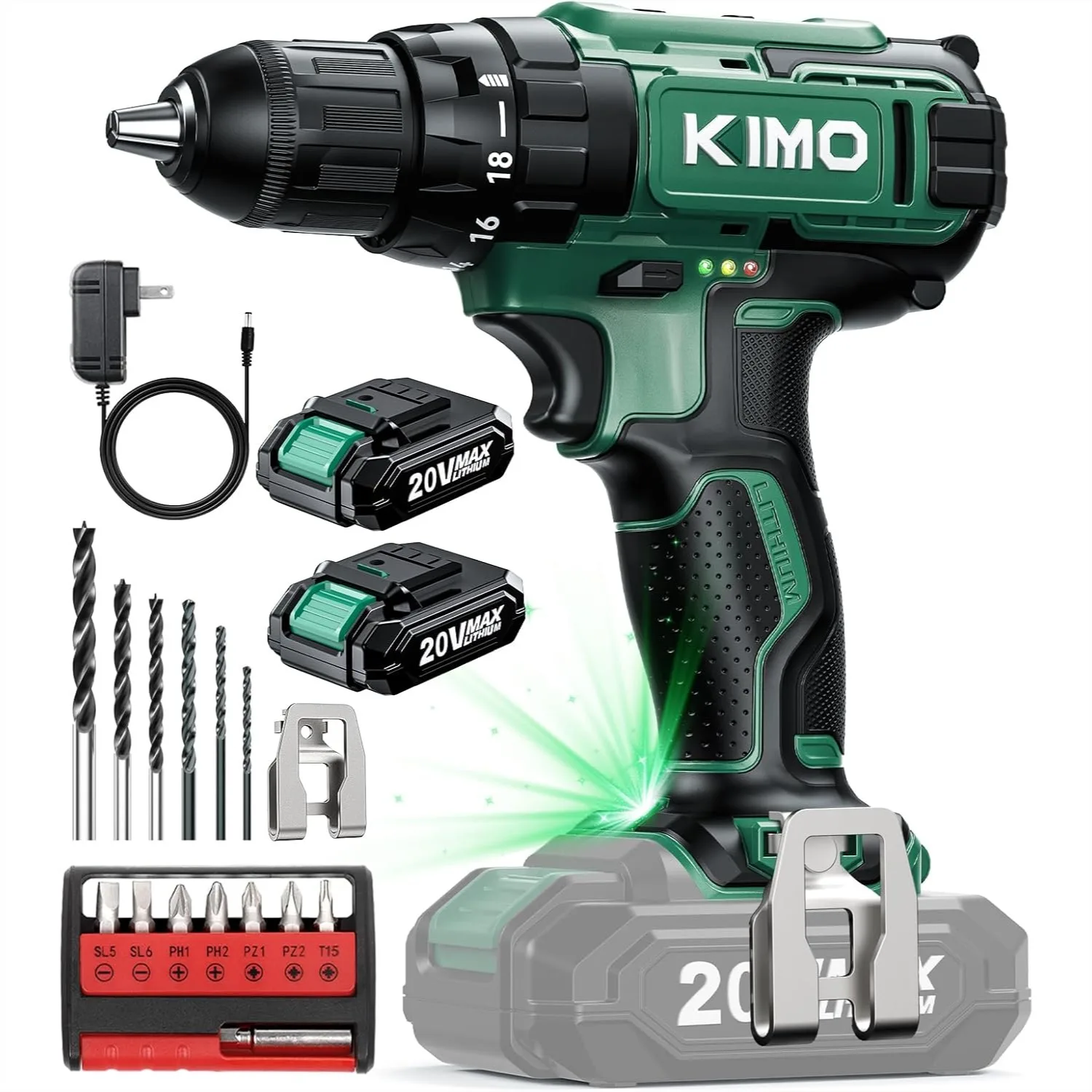 Cordless Drill Set 20V 2.0Ah Battery 2-Pack, Max 350 In-lb Torque, 0-1350 RPM, Keyless Chuck, 18+2 Clutch for Drilling Wood
Cordless Drill Set 20V 2.0Ah Battery 2-Pack, Max 350 In-lb Torque, 0-1350 RPM, Keyless Chuck, 18+2 Clutch for Drilling Wood