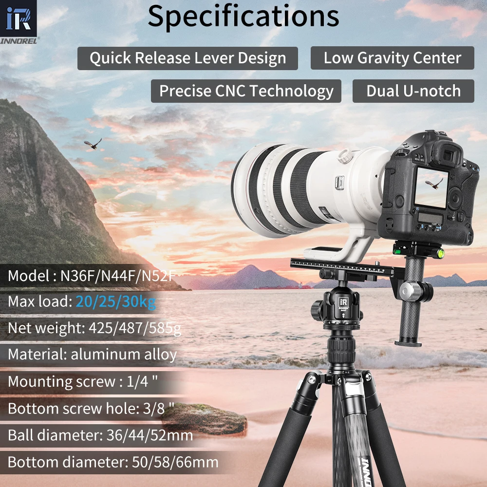 INNOREL N36F/N44F/N52F Black Low Profile Panoramic CNC Metal Ballhead, Fast Lever Release with 2 Plates for Tripod Monopod DSLRS
INNOREL N36F/N44F/N52F Black Low Profile Panoramic CNC Metal Ballhead, Fast Lever Release with 2 Plates for Tripod Monopod DSLRS