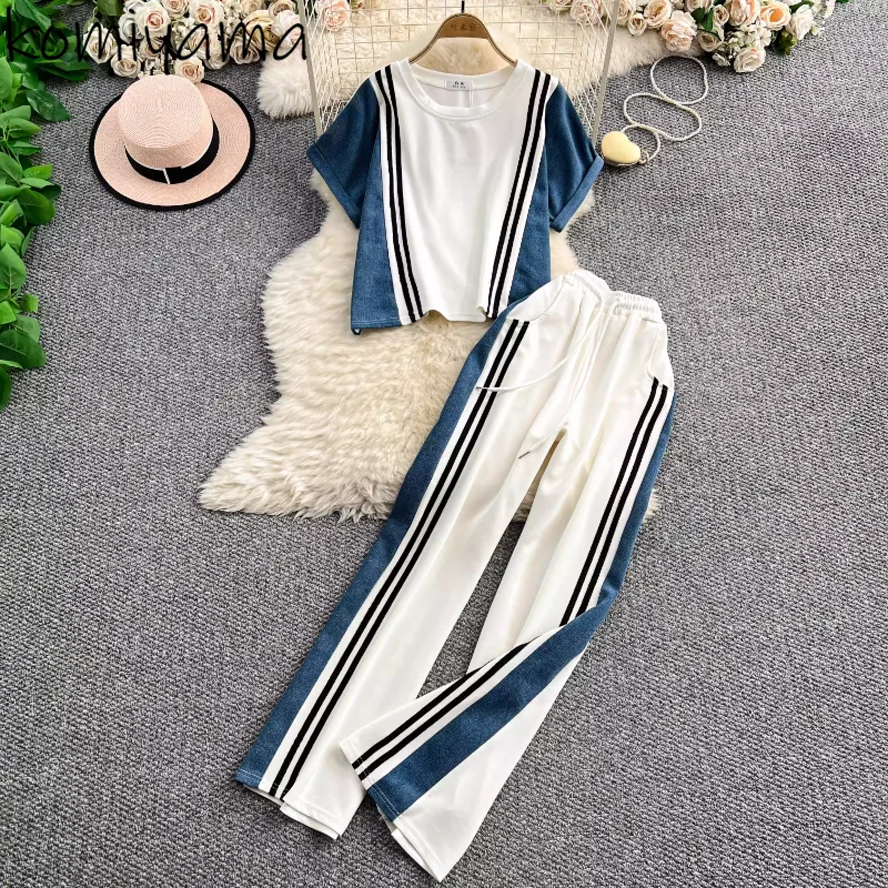 Stripe Denim Woman 2025 New Sets O-neck Short Sleeve T Shirt High Waist Straight Wide Leg Pants Summer Fashion Casual Suit
Stripe Denim Woman 2025 New Sets O-neck Short Sleeve T Shirt High Waist Straight Wide Leg Pants Summer Fashion Casual Suit