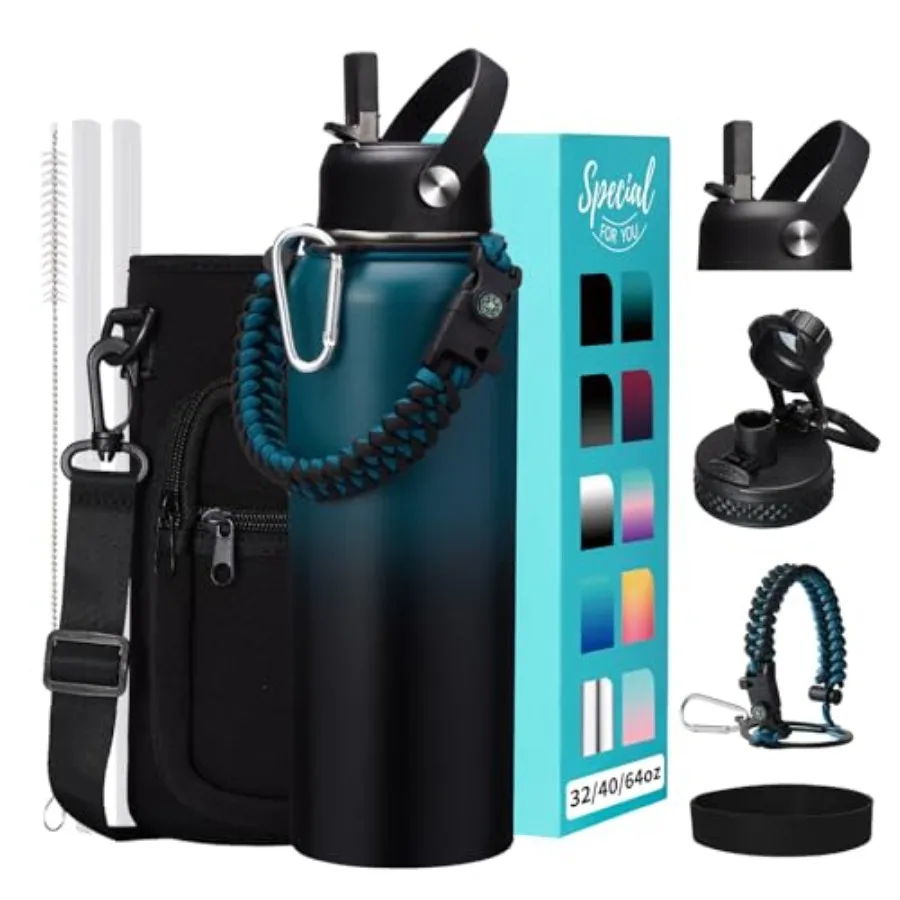 Insulated Water Bottle - Keep Cold 48H Hot 24H, Combo Straw/Spout Lids, Paracord Handle for Gym/Hiking, Carrier Bag +Strap, Cup
Insulated Water Bottle - Keep Cold 48H Hot 24H, Combo Straw/Spout Lids, Paracord Handle for Gym/Hiking, Carrier Bag +Strap, Cup