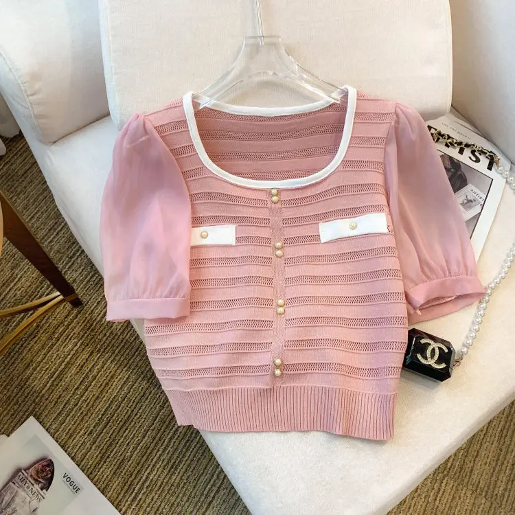 Contrast Color Korean Style Unique Square Neck Short Sleeve Tshirts Ice Silk Knitwear Top Women's 2023 Summer New Short Top
Contrast Color Korean Style Unique Square Neck Short Sleeve Tshirts Ice Silk Knitwear Top Women's 2023 Summer New Short Top